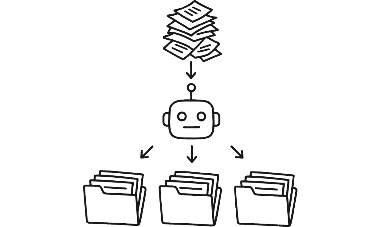 Unorganized papers flowing through a robot into multiple file folders